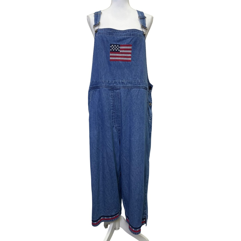 Agapo 90s Women Denim Overalls Large American Flag Blue Jean USA Embroidered